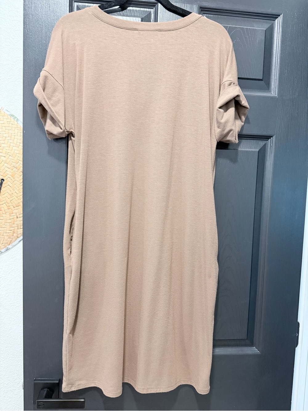 Zenana Outfitters V-Neck Short Sleeve Tunic Dress - Taupe - Picture 5 of 6
